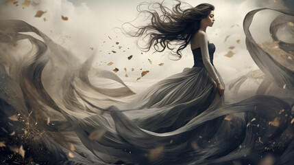 wonderful beautiful woman in a white dress standing in  a big field of wind and storm