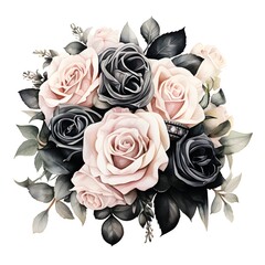 bouquet of black and white roses and eucalyptus leaves isolated on white background