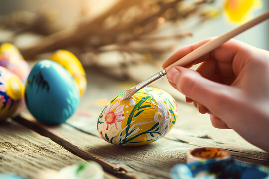 hand with a brush paints an Easter egg
