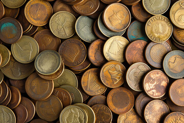 Coins of different countries. Background and texture. Selective focus. Pattern.