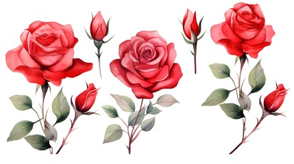Obraz premium Watercolor red rose set. illustration isolated on white background