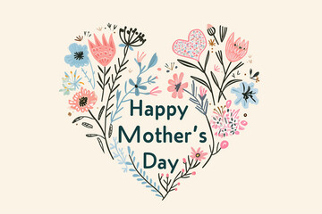 vector illustration for Mother's Day, flowers in the shape of a heart with thin lines and the inscription 