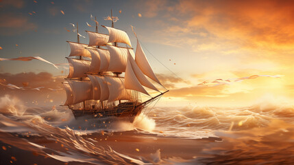 a ship on high sea with a lot of wind - obrazy, fototapety, plakaty