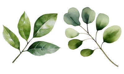watercolor foliage set, green leaves PNG