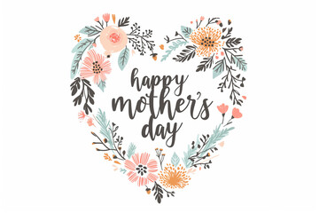vector illustration for Mother's Day, flowers in the shape of a heart with thin lines and the inscription "happy mother's day"