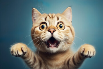 Happy cat jumping with funny expression.
