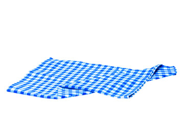 Closeup of a blue and white checkered napkin or tablecloth texture isolated on white background. Kitchen accessories.