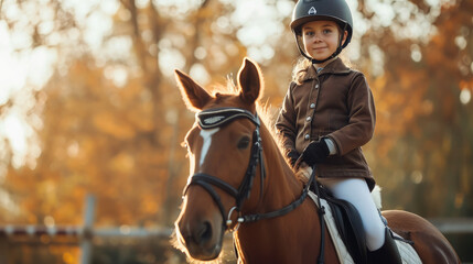 Obraz premium a child in a jockey's uniform rides a horse, horse riding, boy, girl, kid, hippodrome, rider, equestrian, horse racing, stable, sport, dressage, animal, saddle, helmet, training, nature