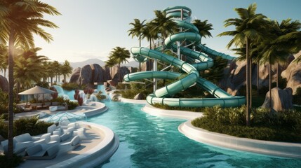 A resort aquapark with empty water slides, a swimming pool and views of the blue sky and palm...