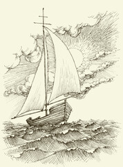 Sailing boat on sea waves vector hand drawing - 719237216