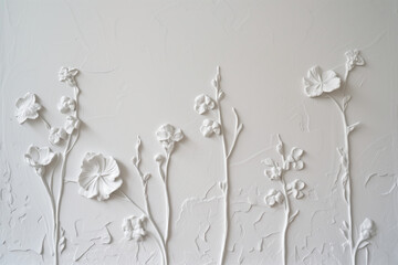 White plaster wall texture with floral ornament. Background image. Created with Generative AI technology