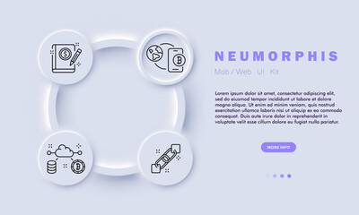 Cryptocurrency set line icon. Coin, blockchain, dollar, exchange, price increases, anonymity. Neomorphism style. Vector line icon for business and advertising