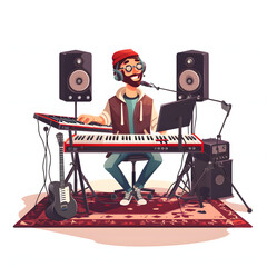 Musician recording music in a home studio isolated on white background, cartoon style, png
 - obrazy, fototapety, plakaty