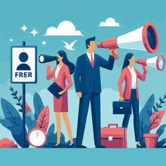 People gather other people, shout through a megaphone, look through binoculars. Flat illustration, vector