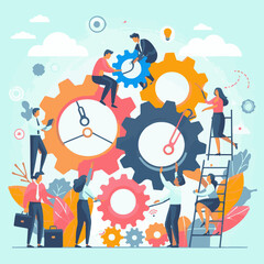 A flat illustration. A poster illustrating the interaction in business, when everyone looks like the gears of a big mechanism