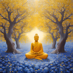 Golden colored Gautam Buddha meditating on the blue forest
