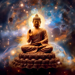 Gautam Buddha meditating with cosmic background