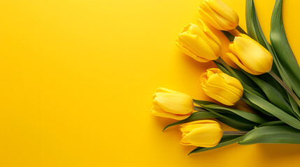 Beautiful yellow Tulips on yellow background. wallpaper. horizontal. Copy space. Top view. - obrazy, fototapety, plakaty