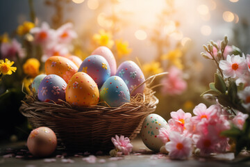 Fototapeta na wymiar Easter composition with painted eggs in a basket with spring flowers on a blurred background with sunlight