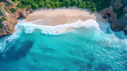 Beautiful tropical beach along the coastline, Aerial dront view bay of sandy beach.