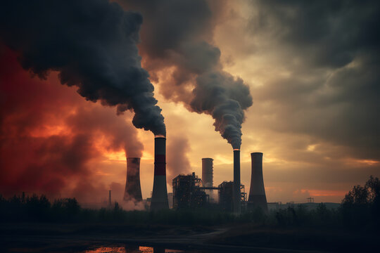 Industrial factory pollution, smokestack exhaust gases. ecology concept