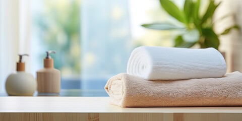 Fototapeta na wymiar Platform for showcasing items with towel against blurred bathroom backdrop.