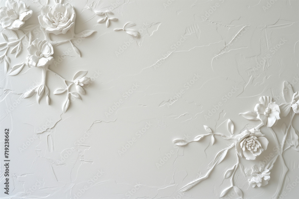 Poster white plaster wall texture with floral ornament. background image. created with generative ai techno