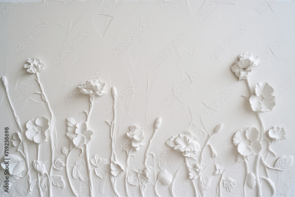 Poster white plaster wall texture with floral ornament. background image. created with generative ai techno