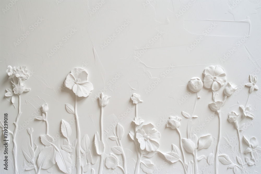 Poster white plaster wall texture with floral ornament. background image. created with generative ai techno