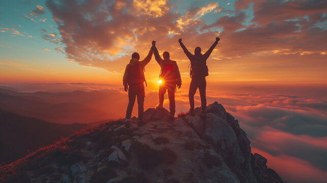 Group of People Standing on Top of a Mountain. Generative AI.