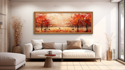Bright cozy livingroom with beautiful autumn painting on the wall