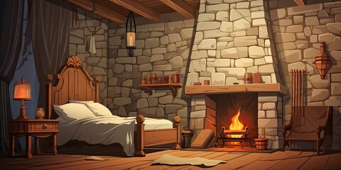 Obraz na płótnie Canvas Illustration of a medieval castle bedroom with stone walls, wooden bed, armchair, mirror, chest, table, and fireplace.