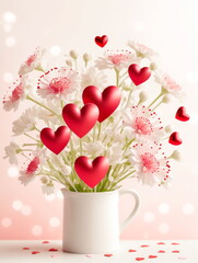 Bouquet of pink flowers and hearts on a white background. Floral design, close-up, copy space. Card for birthdays, mother's day, valentine's day, wedding.
