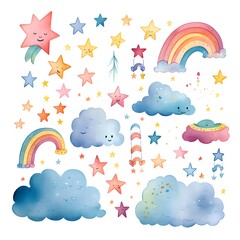 Set of cute watercolor clouds, stars and rainbow illustration