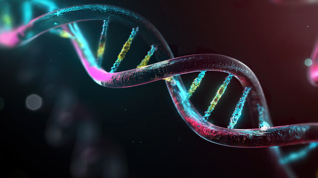3D Image of Double-Stranded, Multicolored Human DNA. Generative AI.