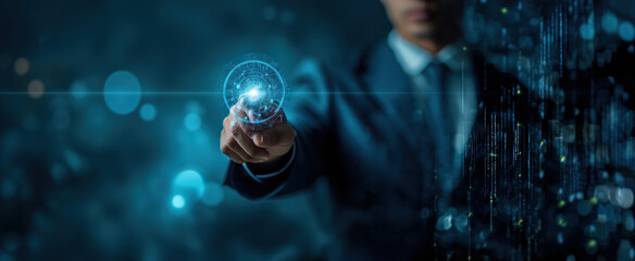 Businessman Engaging With Virtual Interface for Increased Productivity and Efficiency. Generative AI.