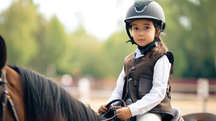 Fototapeta na wymiar a child in a jockey's uniform rides a horse, horse riding, boy, girl, kid, hippodrome, rider, equestrian, horse racing, stable, sport, dressage, animal, saddle, helmet, training, nature