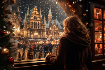 Fototapeta premium An attractive young woman enjoying Christmas Marke at night