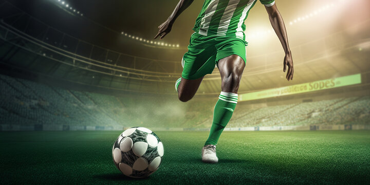 football or soccer player running fast and kicking a ball while training and playing a match at dramatic stadium shot, dynamic active pose of skill development success in sports wide banner