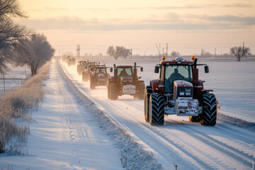 Row of tractors drives along the road, surrounded by snow-covered fields. View from above....