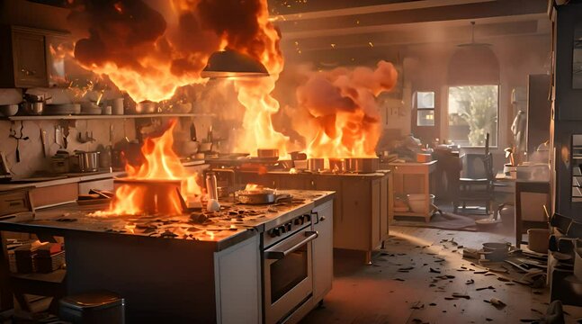 The scene of the kitchen burning down by accident, animated virtual repeating seamless 4k	
