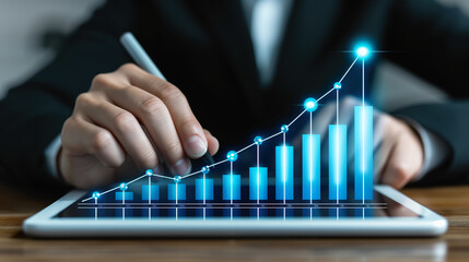 Person Writing on Tablet With Bar Chart, Analyzing Data on the Go. Generative AI.