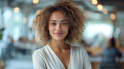 Obraz premium Woman With Curly Hair in White Shirt. Generative AI.