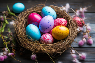 Colored eggs in a chicken nest on a wooden background. Happy Easter card.