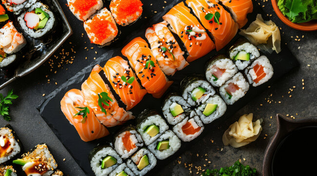 Delicious sushi platter with various rolls on slate.