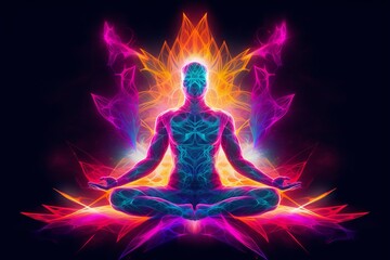 Silhouette of a man in the lotus position with a bright neon aura of energy on a black background, symbolizing meditation and chakras. Concept: spirituality, yoga and energy practice
 - obrazy, fototapety, plakaty