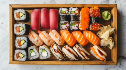 Delicious sushi platter with various rolls on wooden board.