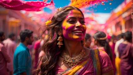 Indian woman in bright colors of Holi festival, portrait of a happy smiling young girl celebrating Holi festival, colorful face, bright powder paint explosion