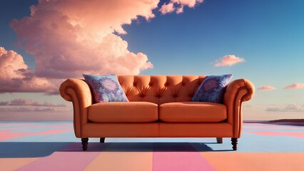 Fototapeta na wymiar Incredible orange sofa with cushions among pink and white clouds