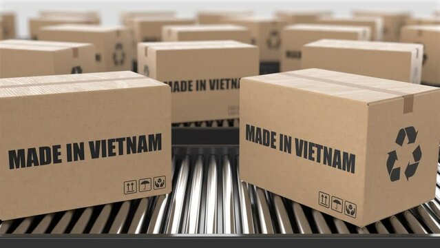Cardboard boxes with Made in Vietnam text on roller conveyor. Factory production line warehouse. Manufacture export or delivery concept. 3D render animation. Seamless loop